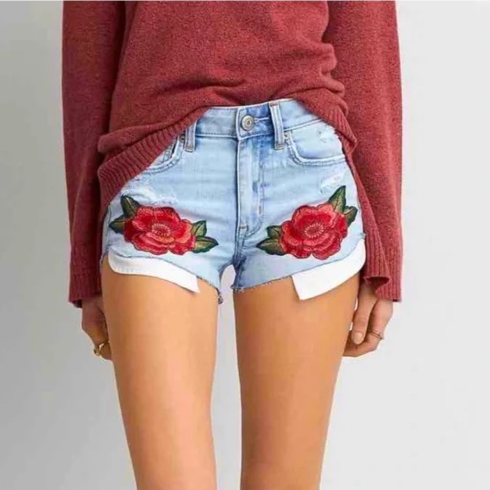 American Eagle Rose Embroidery High Rise Denim Shortie